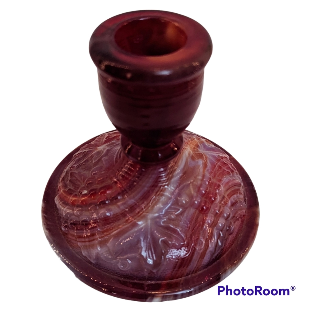 Vintage 1960s Imperial Red Slag Glass Candle Stick Holder Marbled Grapes